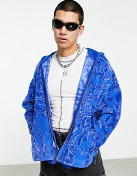 ASOS | ASOS DESIGN super oversized cropped fleece hoodie in blue with all over print商品图片,