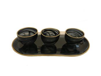 商品Set of 3 Bowls with Tray-Black Alabaster with Gold Trim-Tray图片