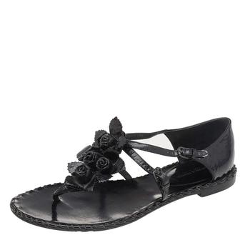 推荐Bottega Veneta Black Patent Leather Flower Cutout Flat Sandals Size 38.5商品