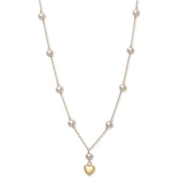 商品Children's Cultured Freshwater Pearl (5mm) Heart 14" Pendant Necklace in 14k Gold图片