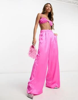 AsYou | ASYOU satin wide leg trouser co-ord in hot pink 5折
