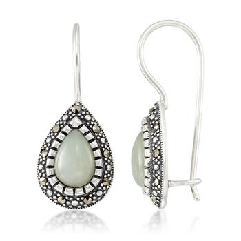 商品Jade (9 x 6 x 5.2mm) & Marcasite Teardrop Earrings in Sterling Silver图片