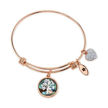 推荐Family Tree Inlay Charm Bangle Stainless Steel Bracelet in Rose Gold-Tone with Silver Plated Charms商品