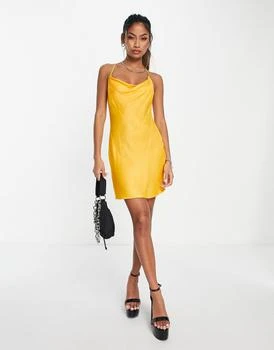 Bershka | Bershka ruched side cowl neck satin mini dress in yellow 6.9折