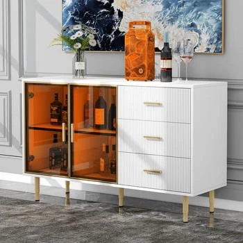 Simplie Fun | Modern Sideboard MDF Buffet Cabinet Marble Sticker Table Top and Amber-yellow Tempered Glass Doors,商家Premium Outlets,价格¥3529
