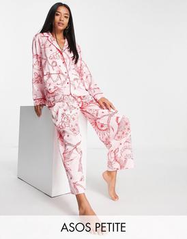 ASOS | ASOS DESIGN Petite satin celestial baroque shirt & trouser pyjama set in pink & red商品图片,