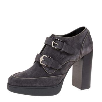推荐Tod's Grey Suede Leather Platform Block Heel Ankle Booties Size 39商品