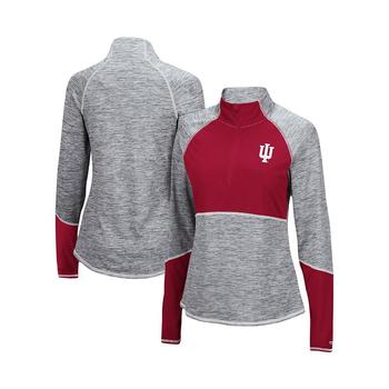 Colosseum | Women's Heathered Gray, Crimson Indiana Hoosiers Color Block Space-Dye Raglan Quarter-Zip Top商品图片,