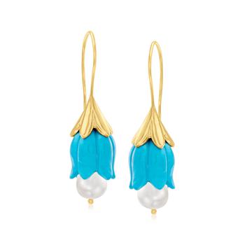 Ross-Simons | Ross-Simons 8mm Cultured Pearl and Turquoise Flower Drop Earrings in 18kt Gold Over Sterling商品图片,3.7折