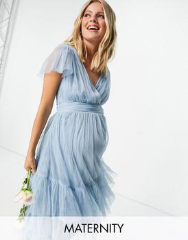 推荐Anaya With Love Maternity Bridesmaid tulle flutter sleeve ruffle hem midi dress in soft blue商品