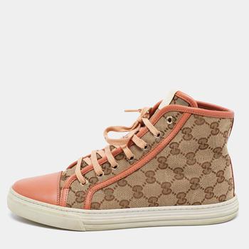 古驰高帮鞋, [二手商品] Gucci | Gucci Beige/Brown GG Supreme  Canvas And Leather High Top Sneakers Size 39商品图片 满1件减$100, 满减