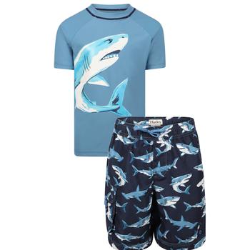 商品Hatley | Deep sea shark short sleeved rash guard and swimming shorts set in navy and blue,商家BAMBINIFASHION,价格¥551图片