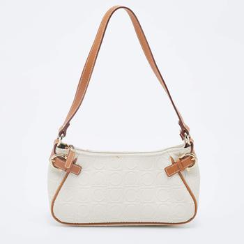 菲拉格慕包女包, [二手商品] Salvatore Ferragamo | Salvatore Ferragamo Off White/Brown Gancini Embossed Leather Shoulder Bag商品图片 4.2折