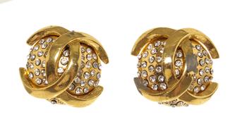 [二手商品] Chanel | Chanel Gold CC Rhinestone Clip On Earrings商品图片,