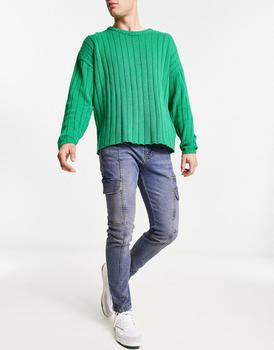 asos design, ASOS | ASOS DESIGN skinny jeans in mid blue with cargo detail商品图片 