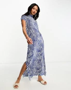 ASOS | ASOS DESIGN grown neck plisse midi dress with cap sleeve in blue zebra 