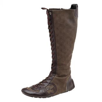 推荐Gucci Brown Leather And GG Canvas Knee High Lace Up Boots Size 39.5商品