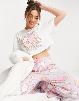 更多ASOS, ASOS | ASOS DESIGN need more space cropped tee & wide leg trouser pyjama set in white & purple商品图片 8.6折