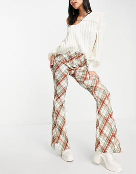 Topshop | Topshop highwaisted bengaline flared trouser with side splits in check print商品图片,3.5折