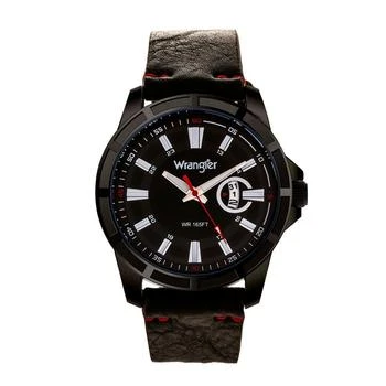 Wrangler | Men's Watch, 46MM IP Black Case with Cutout Bezel, Black Milled Dial with White Index Markers, Analog, Red Second Hand and Cutout Crescent Date Function, Black Strap with Red Accent Stitch 
