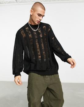 ASOS | ASOS DESIGN oversized knitted jumper with laddering detail in black商品图片,