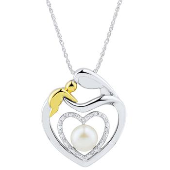 商品Macy's | Cultured Freshwater Pearl (6mm) & Diamond Accent Mother & Child Heart Pendant Necklace (16" + 2" extender) in Sterling Silver & 14k Gold-Plated,商家Macy's,价格¥695图片