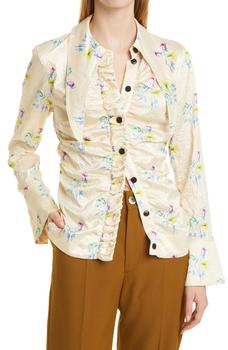 ganni floral pleated shirtdress, Ganni | Floral Print Ruched Crinkled Satin Shirt商品图片 3.8折