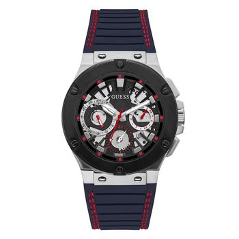 GUESS | Men's Silver-Tone Navy Silicone Strap, Multi-Function Watch, 44mm商品图片,