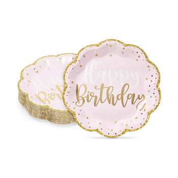 商品Pink Happy Birthday Party Plates with Gold Glitter Edges (9 In, 48 Pack)图片