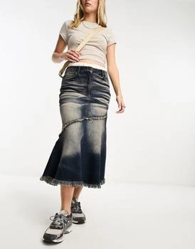 Collusion COLLUSION fishtail denim midi skirt with seam detail and pink wash