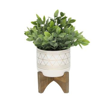 商品11" Artificial Tea Leaf in 5" Geo Ceramic Footed Pot on Wood Stand图片