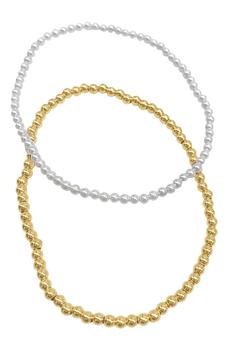 商品ADORNIA | 14K Yellow Gold Plated & Imitation Pearl Beaded Stretch Bracelet Set,商家Nordstrom Rack,价格¥142图片