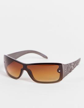 ASOS | ASOS DESIGN frame quilted temple sunglasses in brown商品图片,5.6折