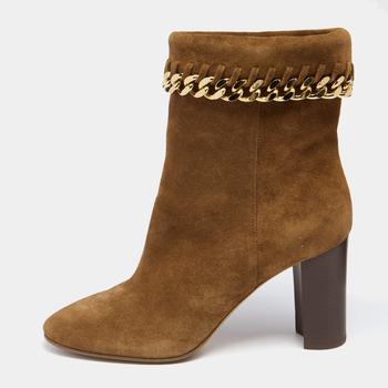推荐Casadei Brown Suede Renna Chain Trim Block Heel Ankle Boots Size 37商品