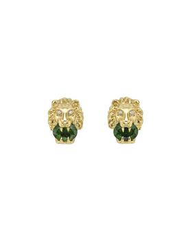 Gucci | 18K Yellow Gold Chromo-Diopside & Diamond Lion Head Stud Earrings商品图片,独家减免邮费