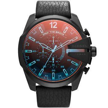 推荐Men's Chronograph Mega Chief Iridescent Crystal Black Leather Strap Watch 51mm DZ4323商品