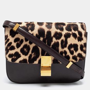 推荐Celine Brown Leopard Print Leather and Calfhair Medium Classic Box Shoulder Bag商品