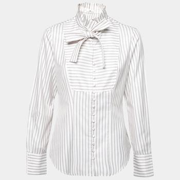推荐CH Carolina Herrera White & Beige Striped Cotton Neck Tie Detail Shirt L商品