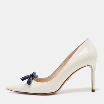 [二手商品] Prada | Prada Off-White/Navy Blue Patent Leather Bow Pointed Toe Pumps Size 37商品图片,5.8折