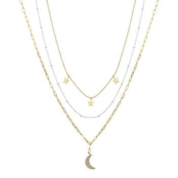 推荐14K Two-Tone Gold Crystal Moon Pendant on a Link Chain, Beaded Chain and Beaded Triple Star Chain, 3-Piece Necklace Set商品