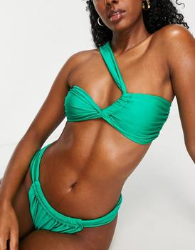 推荐ASOS DESIGN twist one shoulder bikini top in emerald green商品