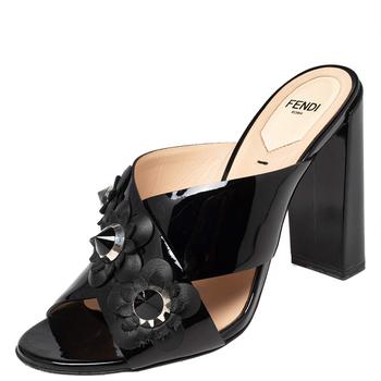 fendi鞋直邮, [二手商品] Fendi | Fendi Black Patent Leather Flowerland Cross Strap Sandals Size 38.5商品图片 2.6折