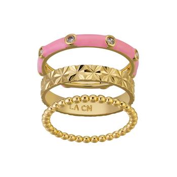 商品14K Gold Flash-Plated Cubic Zirconia Pink Enamel, Diamond-cut, and Bead  Ring Set图片