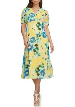 DKNY | Womens Abstract Printed Chiffon A Line Dress 