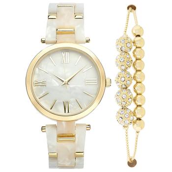 商品Women's Gold-Tone & Mother-of-Pearl Bracelet Watch 38mm & Slider Bracelet Set, Created for Macy's图片