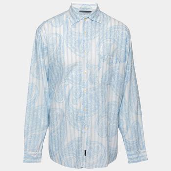推荐Zegna Sport Blue Paisley Striped Print Linen Long-Sleeve Shirt XL商品