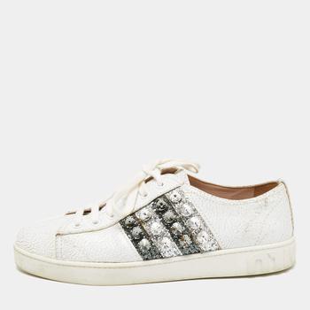 推荐Miu Miu White Crackled Leather And Glitter Stripe Crystal Embellished Low Top Sneakers Size 37.5商品