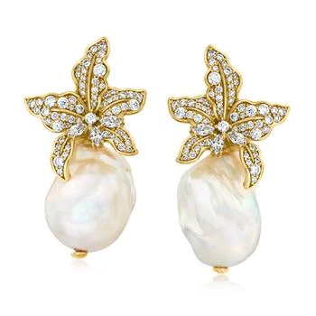 Ross-Simons | Ross-Simons Italian 13-18mm Baroque Pearl and CZ Flower Earrings in 18kt Gold Over Sterling 8折, 独家减免邮费