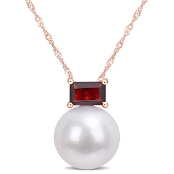 Mimi & Max | 11-12mm Cultured Freshwater Pearl and 3/4 CT TGW Baguette Garnet Stud Pendant with Chain in 10k Rose Gold,商家Premium Outlets,价格¥1192