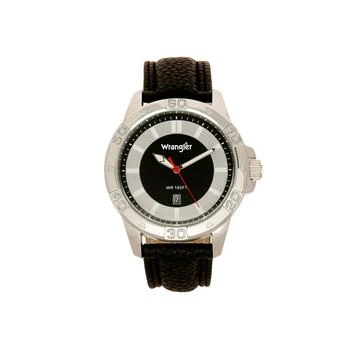 Wrangler | Men's Watch, 46MM Silver Colored Case with Embossed Arabic Numerals on Bezel, Black Sunray Dial, with Silver Index Markers, Analog Watch with Black Strap 